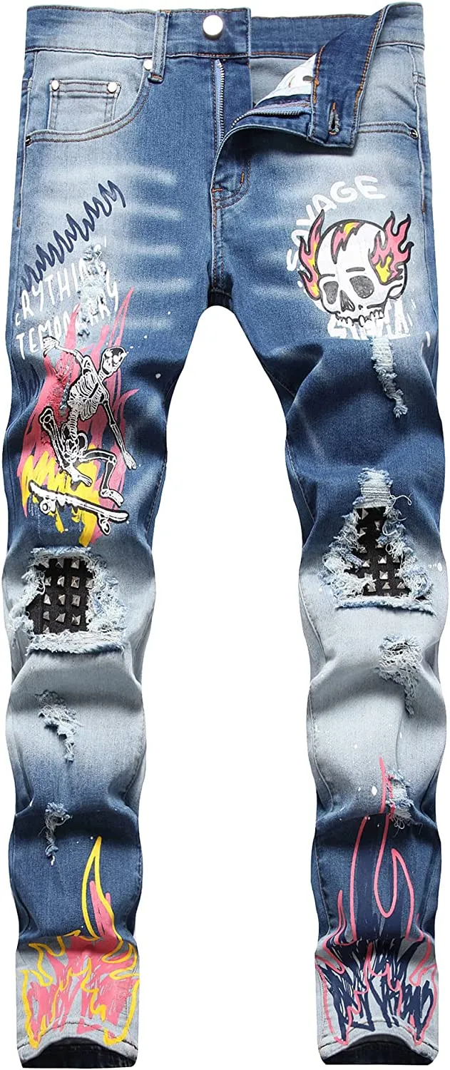 Men's Straight Slim Fit Ripped Distressed Drip Patch Jeans