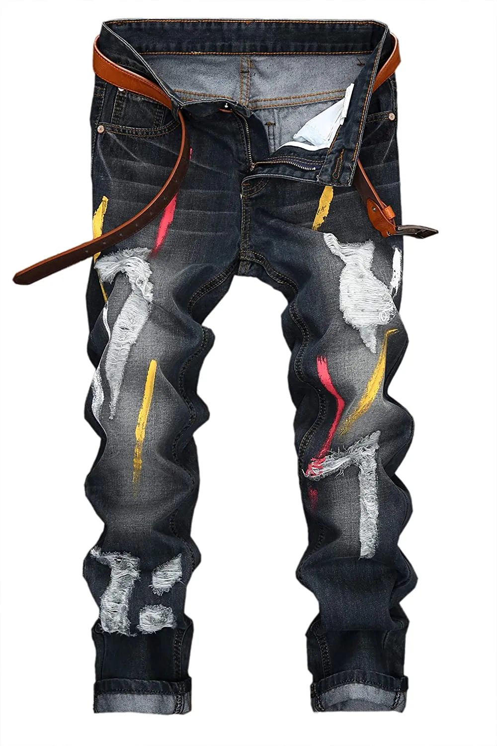 Men's Straight Slim Fit Ripped Distressed Drip Patch Jeans
