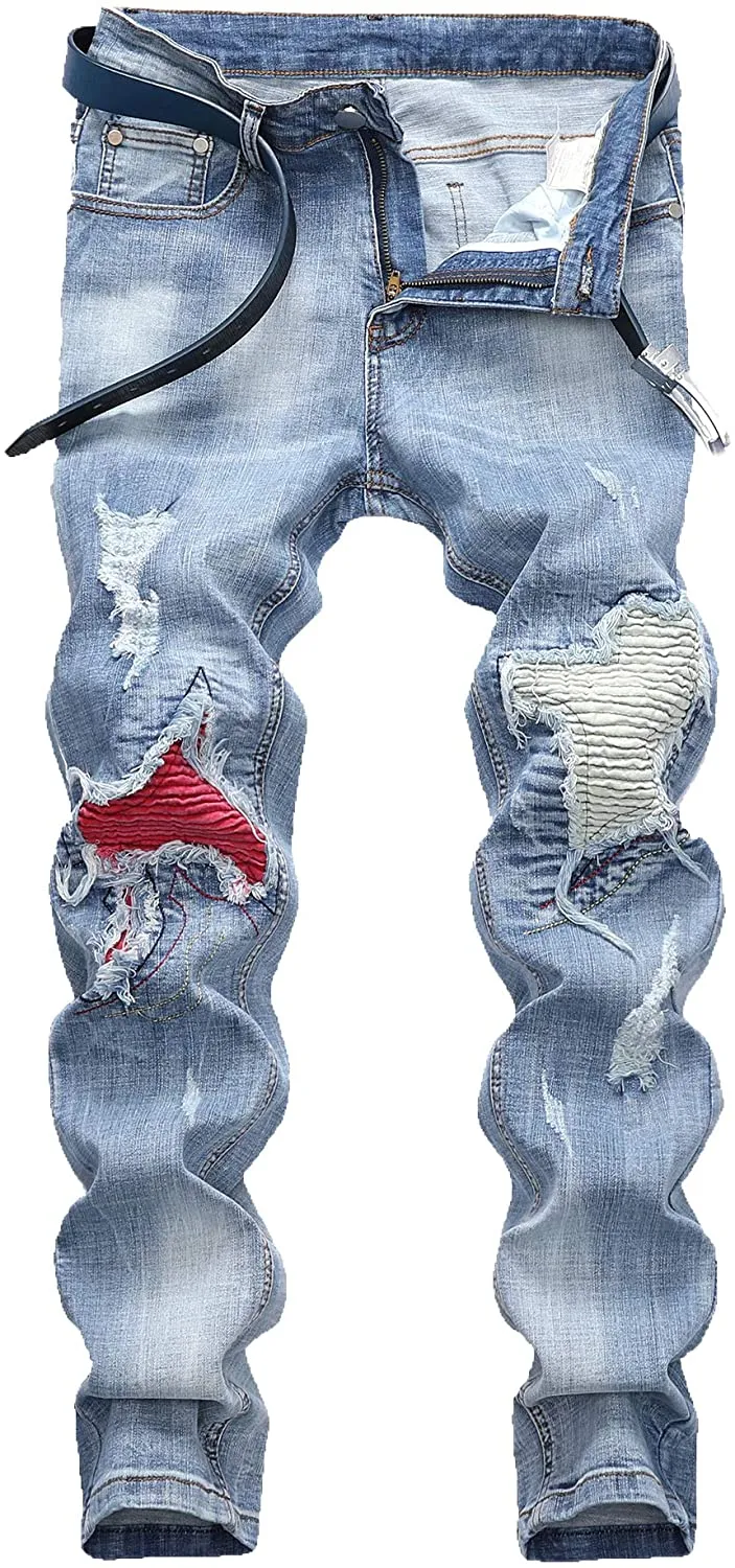 Men's Straight Slim Fit Ripped Distressed Drip Patch Jeans