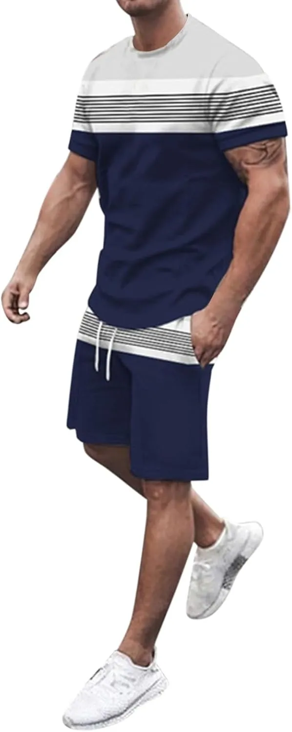 Mens Summer Short Sets 2 Piece Outfits Fashion Contrast Graphic Tees and Beach Shorts Set Casual Athletic Tracksuit