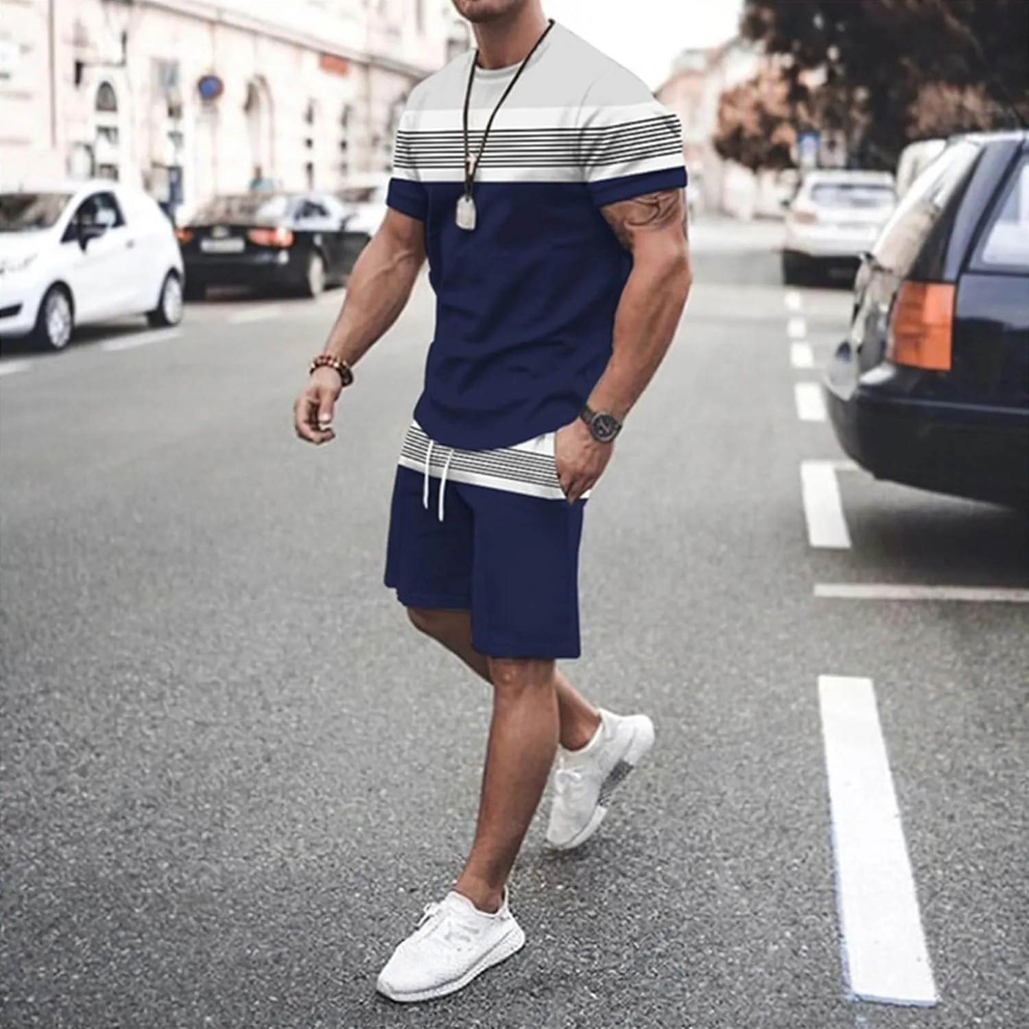 Mens Summer Short Sets 2 Piece Outfits Fashion Contrast Graphic Tees and Beach Shorts Set Casual Athletic Tracksuit