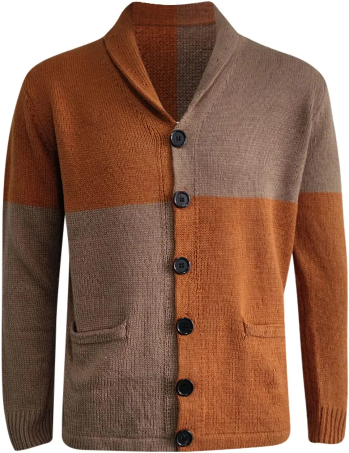 Mens Sweater Jacket Mens Patchwork Wool Blended Shawl Collar Cardigan Sweater Button Down with Pockets