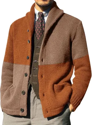Mens Sweater Jacket Mens Patchwork Wool Blended Shawl Collar Cardigan Sweater Button Down with Pockets