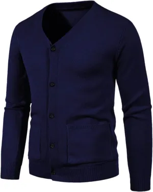 Mens Sweater Jacket Mens V Neck Button Down Long Sleeve Knitted Cardigan Sweaters with 2 Front Pockets