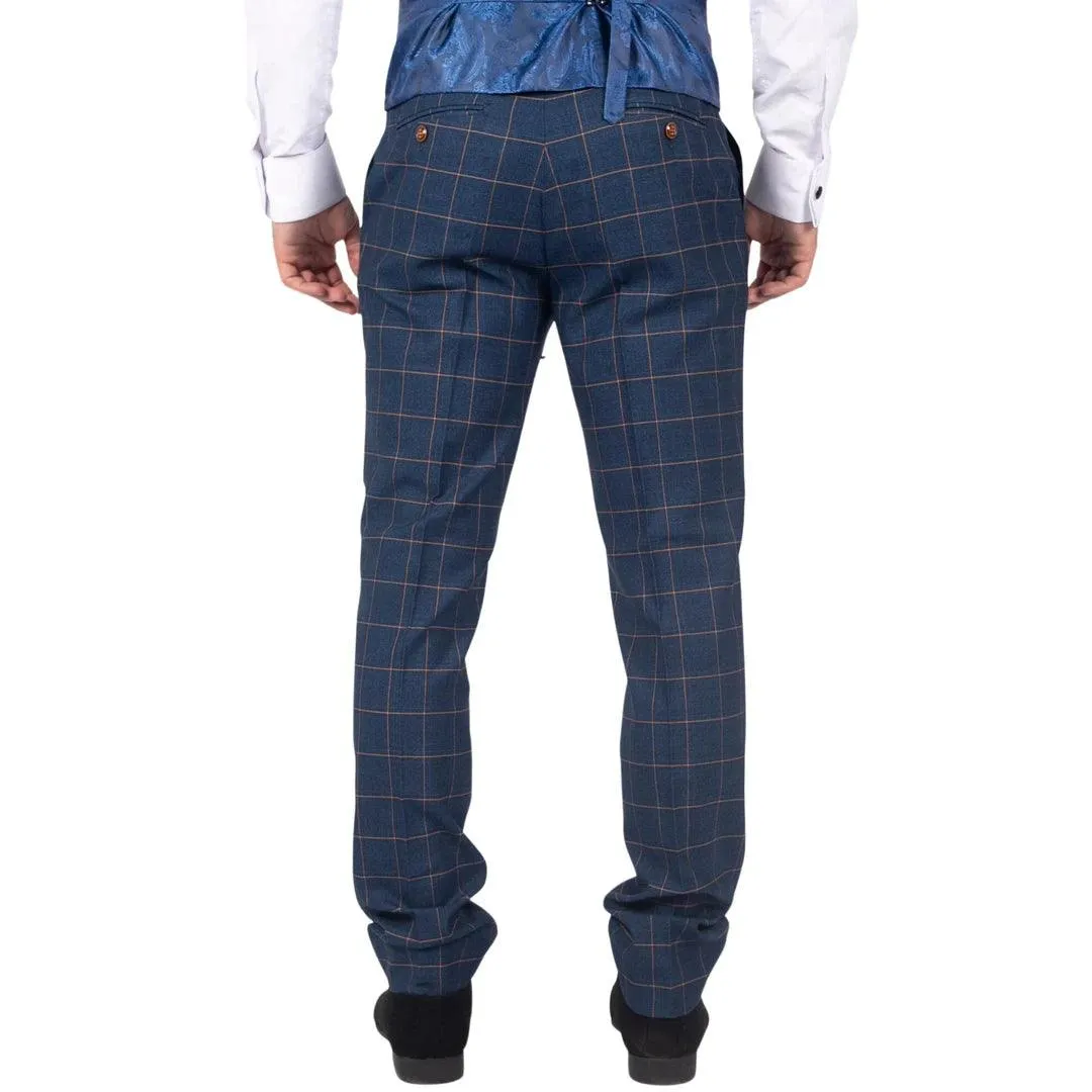Mens Trousers Blue Orange Check Suit Retro Smart Tailored Fit Vintage