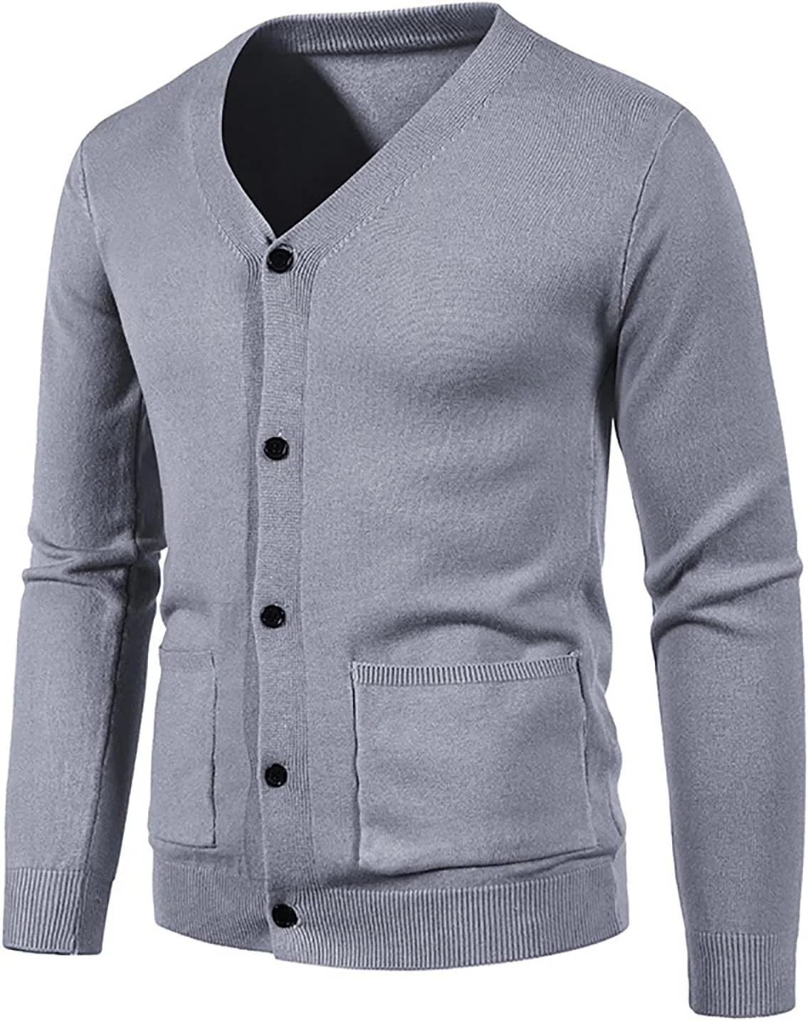 Men's V-Neck Basic Cardigans Soft Stylish Long Sleeve Pullover Slim-Fit Cable Knit Sweater Button Down Warm Sweaters Gray