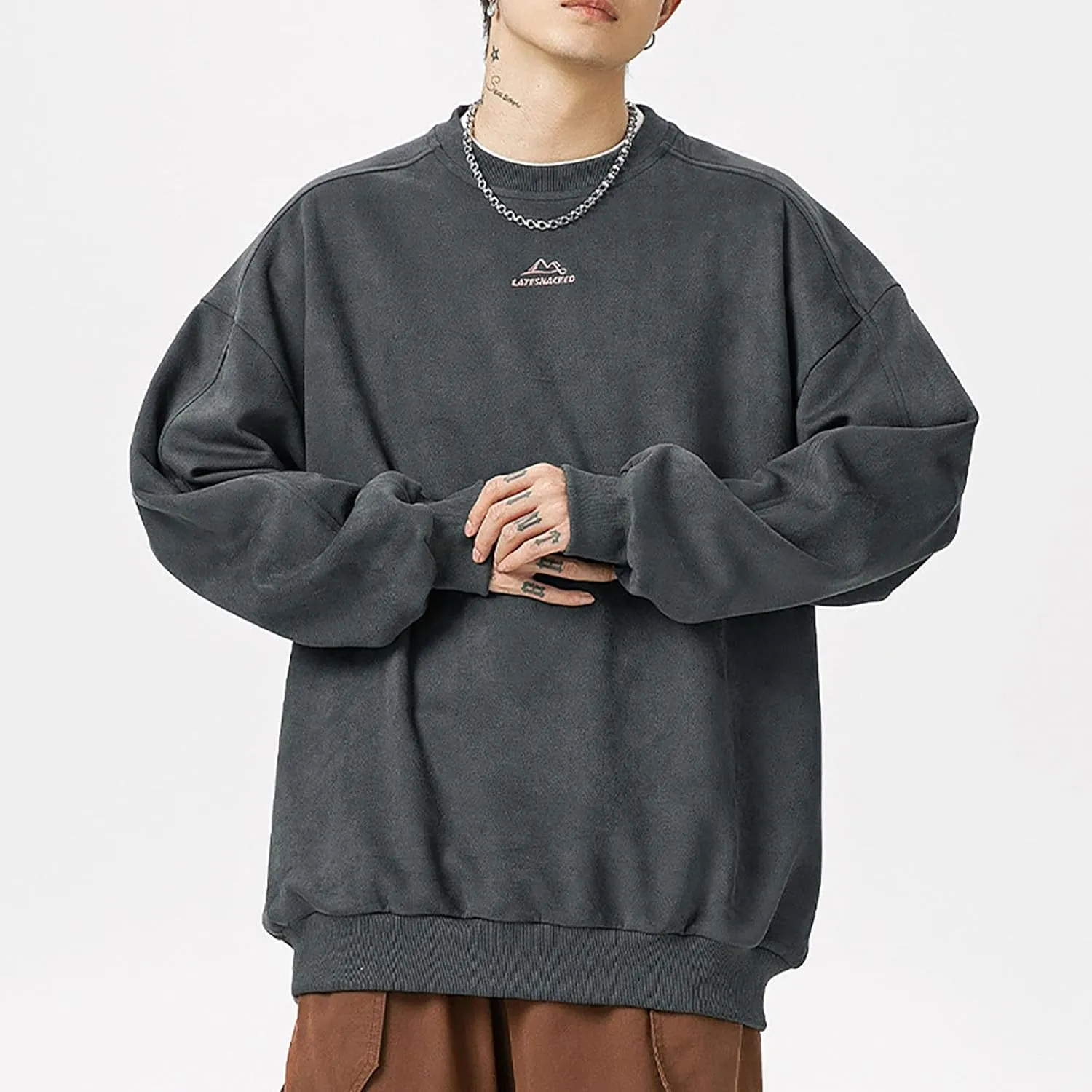 Mens Vintage Crew Neck Sweatshirts Loose Oversized T-Shirt Drop Shoulder Long Sleeve Sweatshirt Suede Pullover
