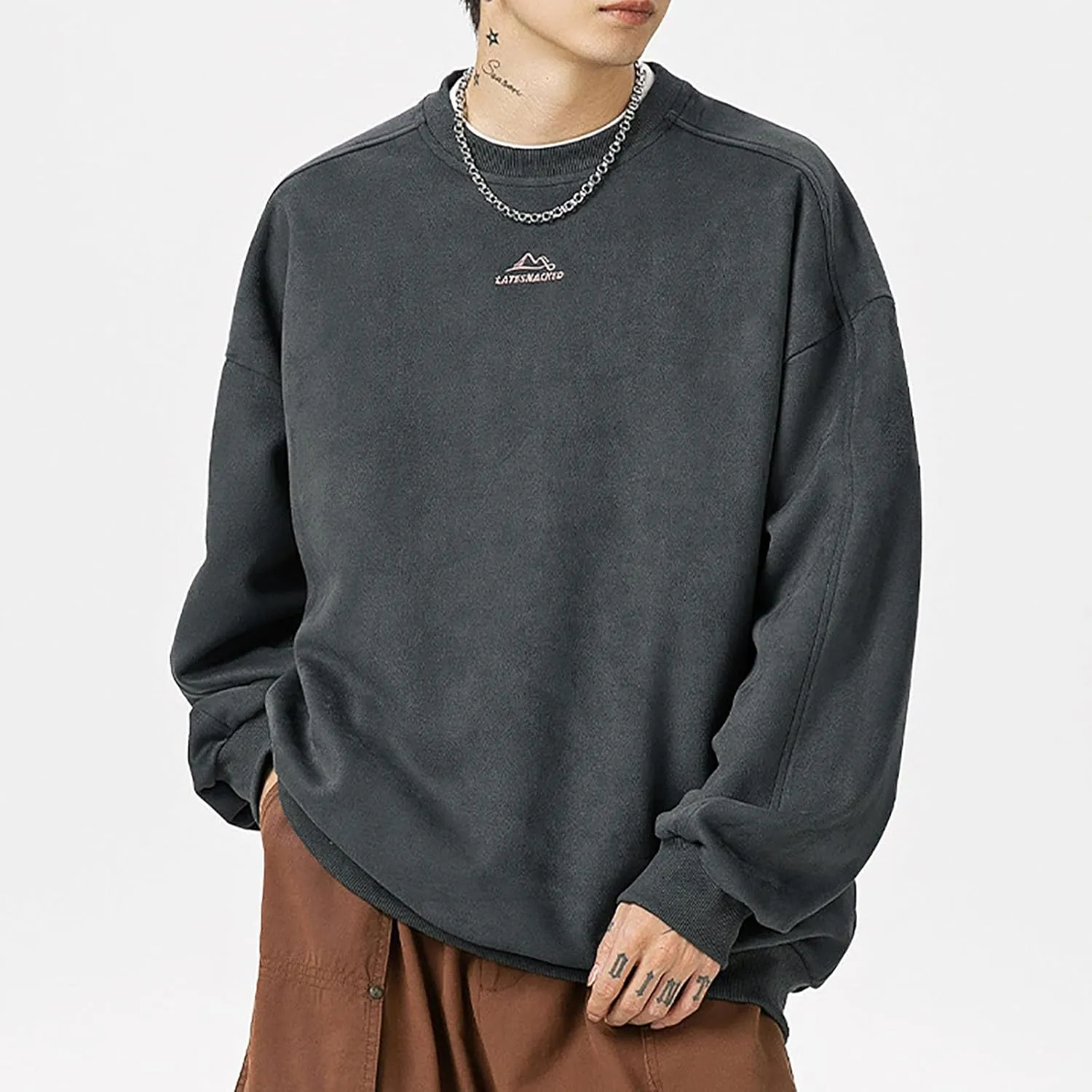 Mens Vintage Crew Neck Sweatshirts Loose Oversized T-Shirt Drop Shoulder Long Sleeve Sweatshirt Suede Pullover