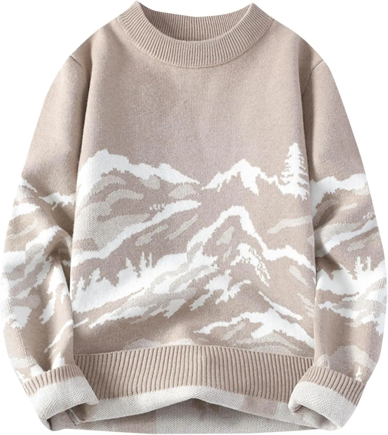Men's Vintage Pullover Sweater Mountain Print Winter Warm Plus Size Long Sleeve V-Neck Sweater