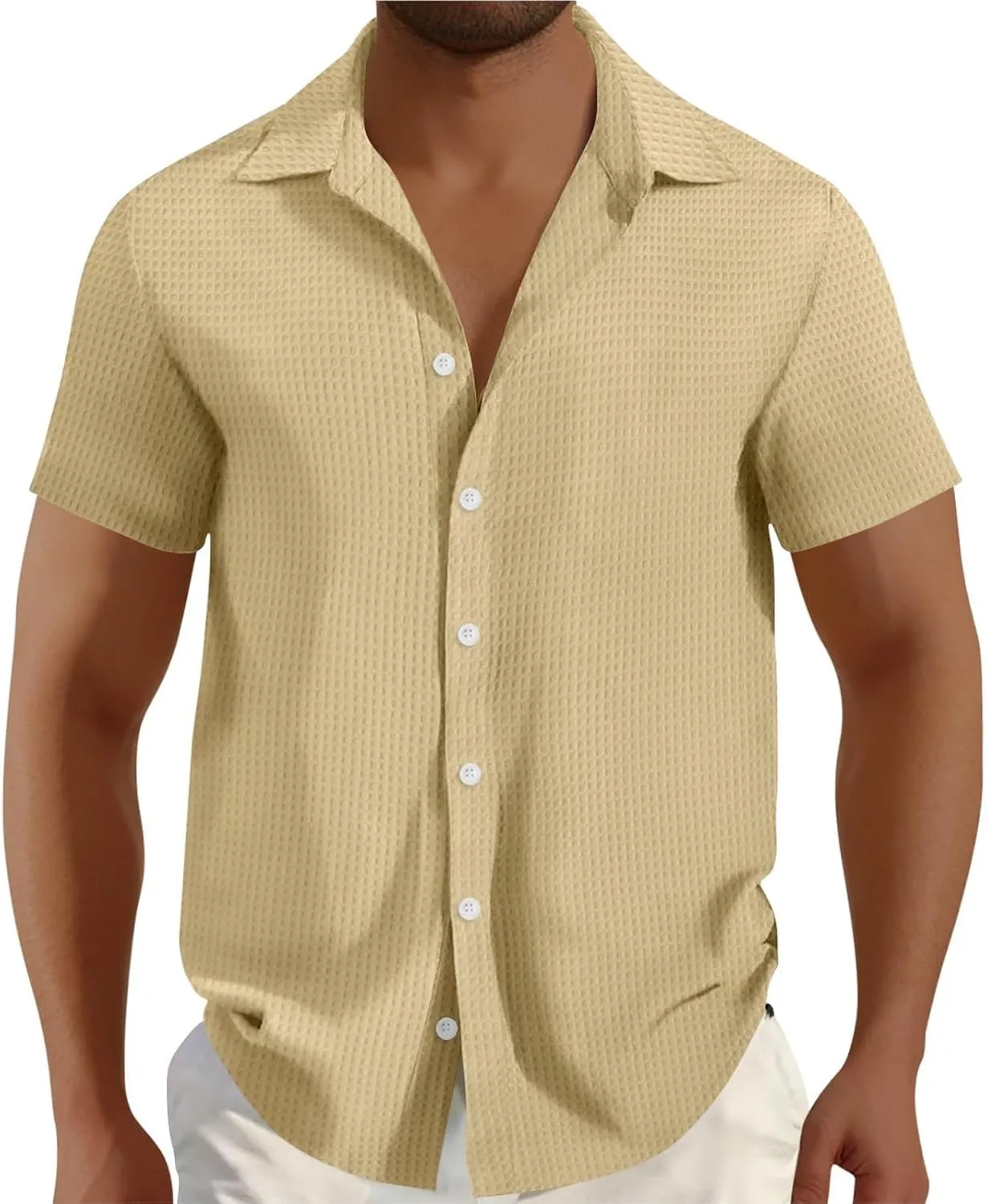 Men's Waffle Shirt Short Sleeve Button Down Shirts Summer Casual Beach Vacation Shirts Textured Wrinkle Free Shirt