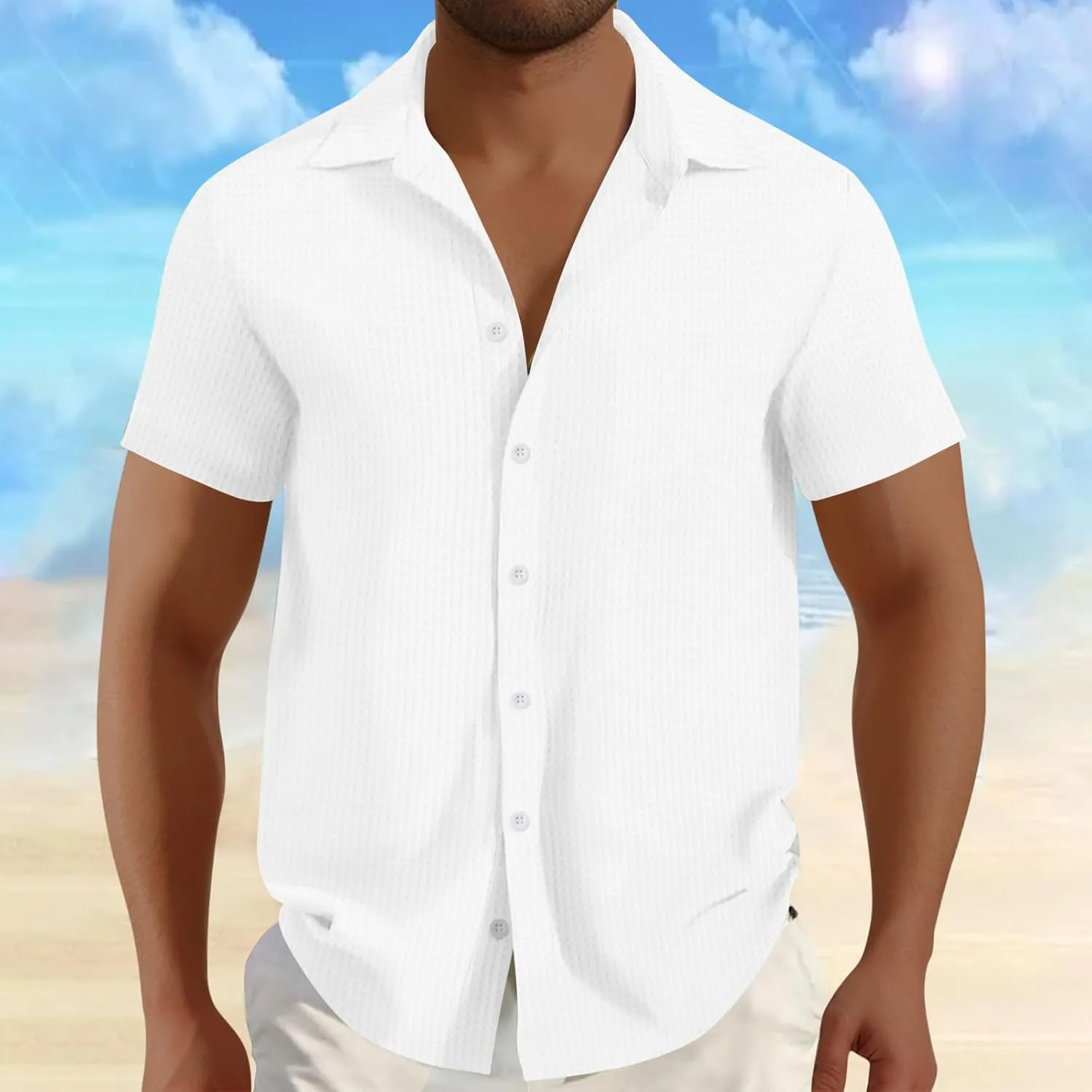 Men's Waffle Shirt Short Sleeve Button Down Shirts Summer Casual Beach Vacation Shirts Textured Wrinkle Free Shirt