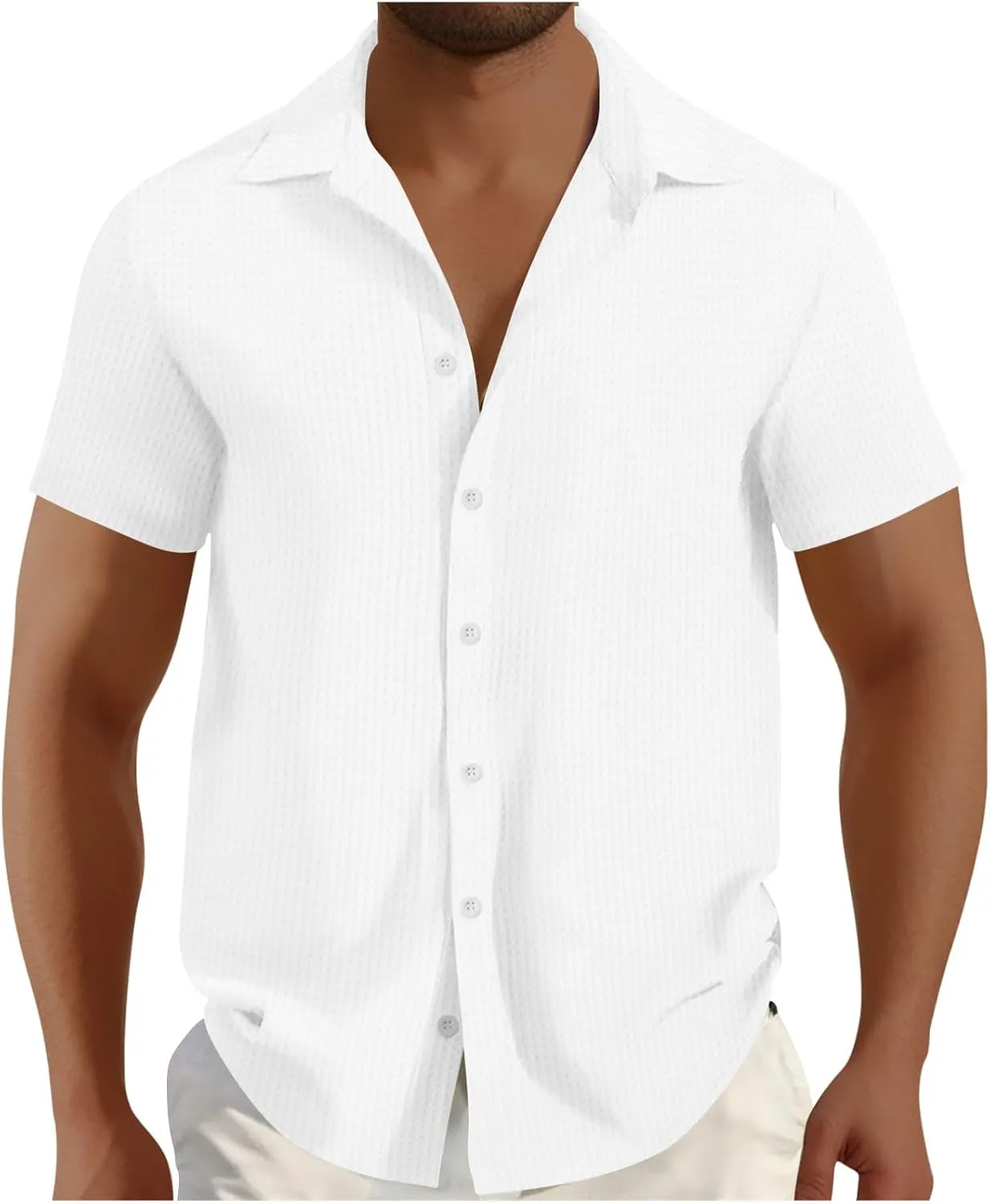 Men's Waffle Shirt Short Sleeve Button Down Shirts Summer Casual Beach Vacation Shirts Textured Wrinkle Free Shirt
