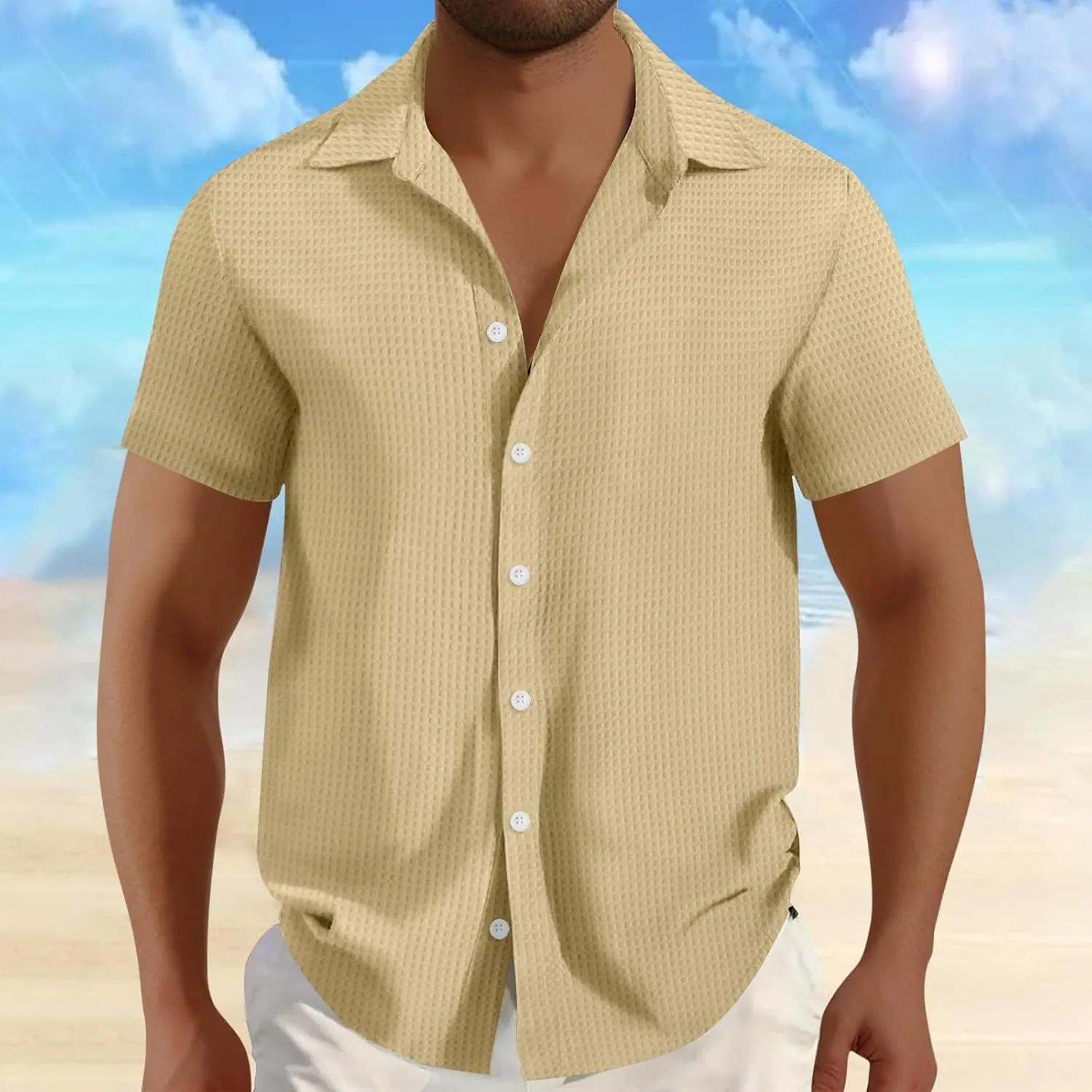 Men's Waffle Shirt Short Sleeve Button Down Shirts Summer Casual Beach Vacation Shirts Textured Wrinkle Free Shirt