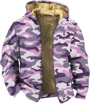 Mens Winter Camo Jacket Thickened Vintage Fashion Casual Padded Graphic Long Sleeve Warm Camo Coats