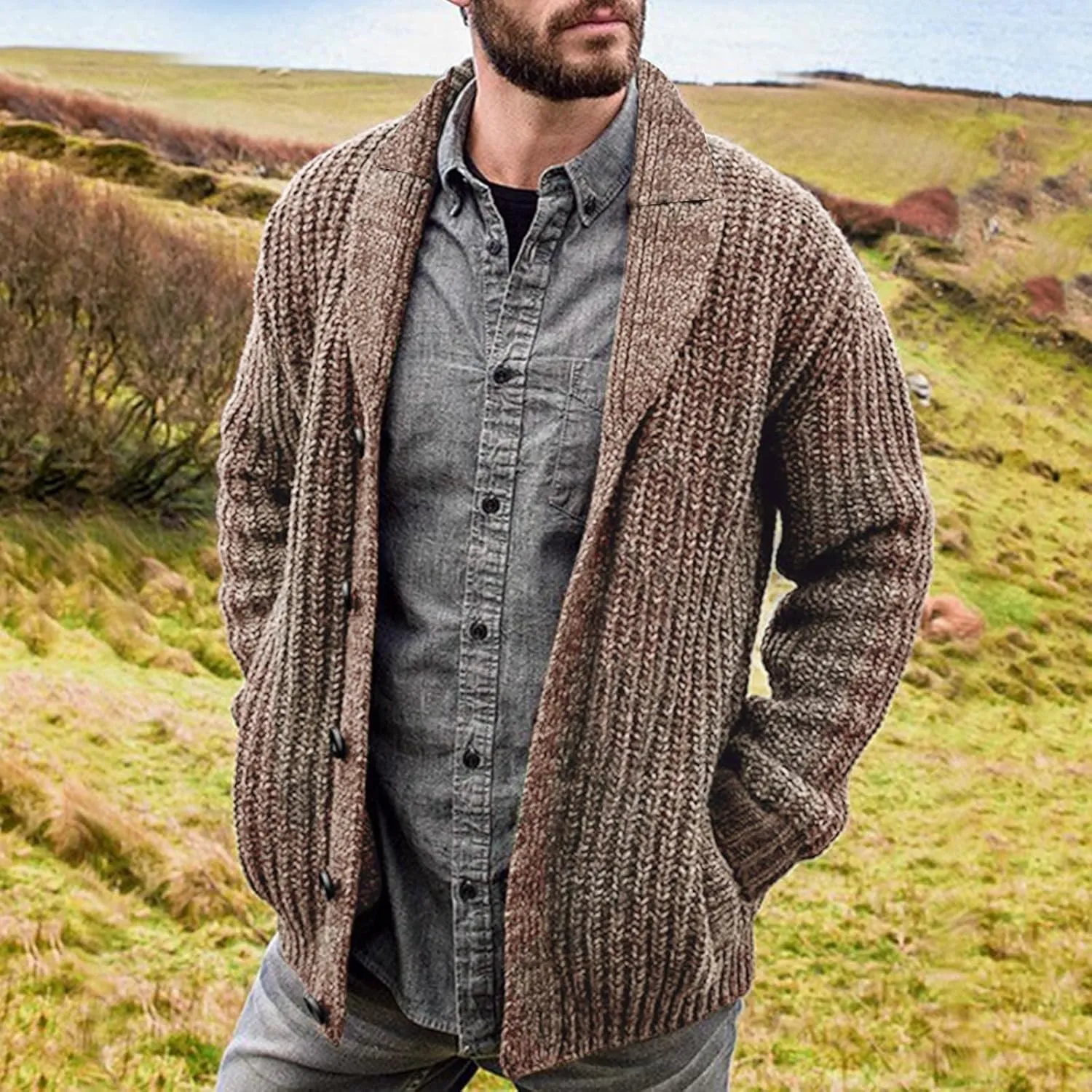 Men's Winter Coat Cardigan Sweaters Knitted Regular Fit Jacket Fleece Lined Warm Coat With Pockets, XXL-5XL
