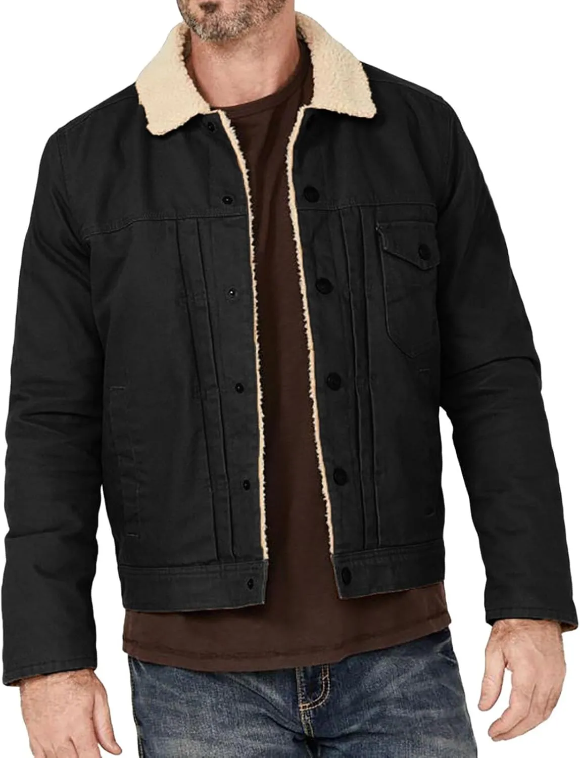 Men's Winter Fleece Lined Lapel Military Cargo Jacket Button Sherpa Trucker Jacket with Pockets for Cozy Winter