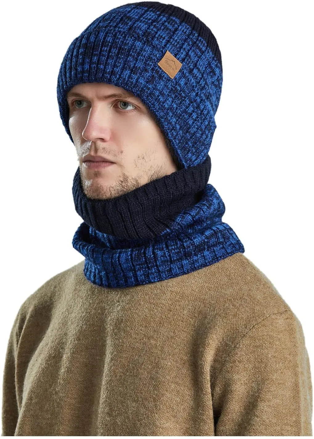 Mens Womens Winter Beanie Hat Scarf Set Slouchy Knit Beanie Skull Caps Ribbed Cuffed Beanies Cap Stretch Thermal Cap