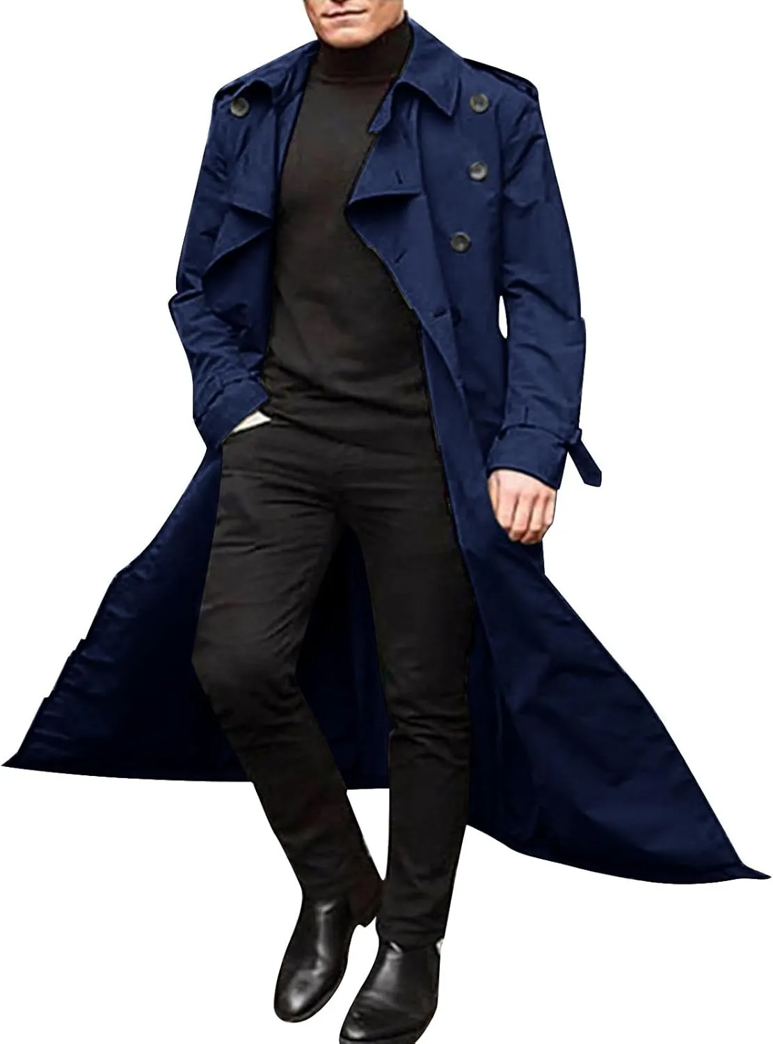 Men's Wool Blend Windbreaker Single-Breasted Notched Lapel Midi-Length Pea Top Warm Knee-Length Woolen Coat