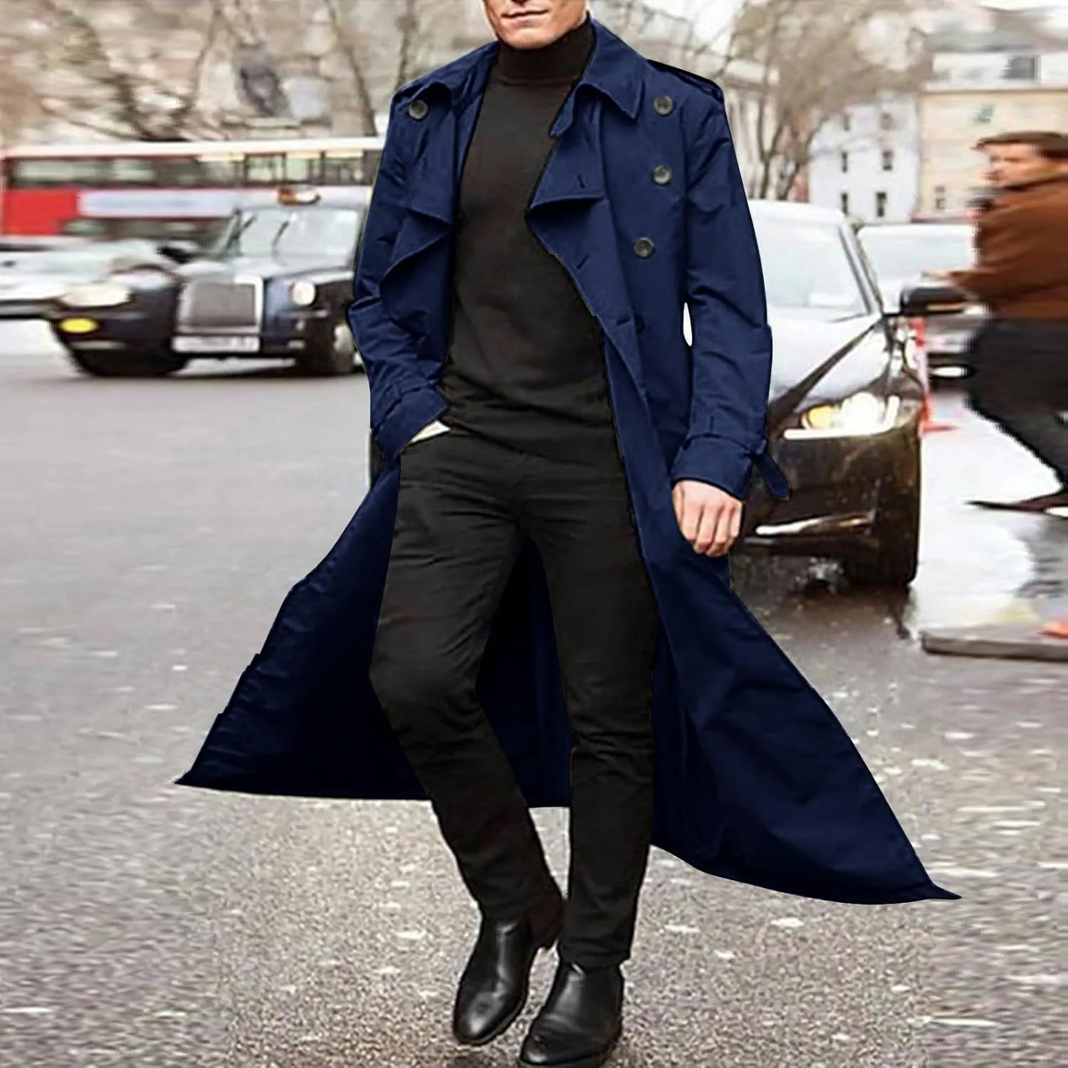 Men's Wool Blend Windbreaker Single-Breasted Notched Lapel Midi-Length Pea Top Warm Knee-Length Woolen Coat
