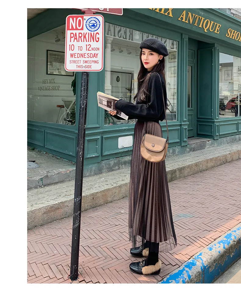Mesh Gold Skirt Women Plus Size Mid-Length Pleated A-Line Skirt