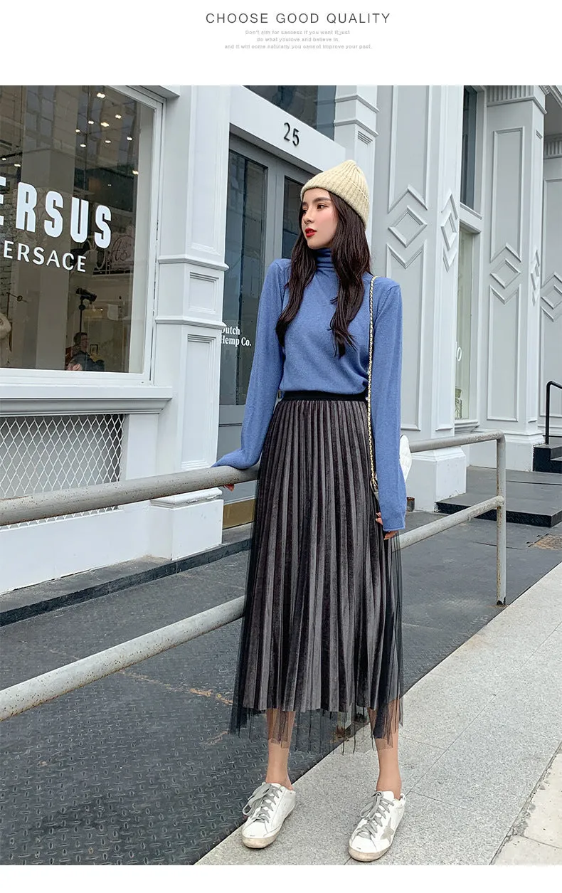 Mesh Gold Skirt Women Plus Size Mid-Length Pleated A-Line Skirt