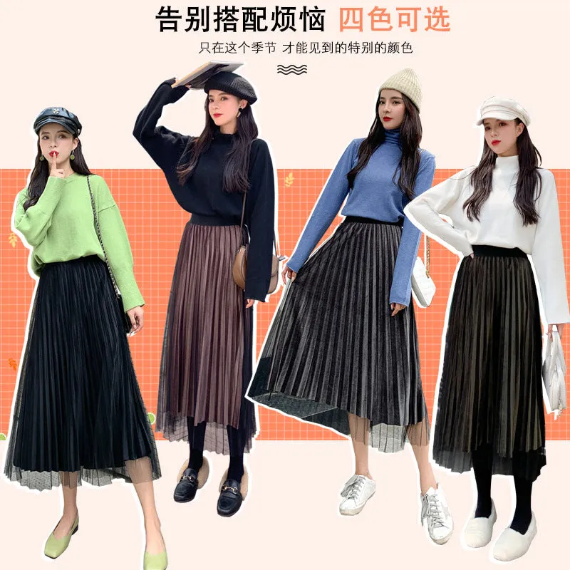 Mesh Gold Skirt Women Plus Size Mid-Length Pleated A-Line Skirt