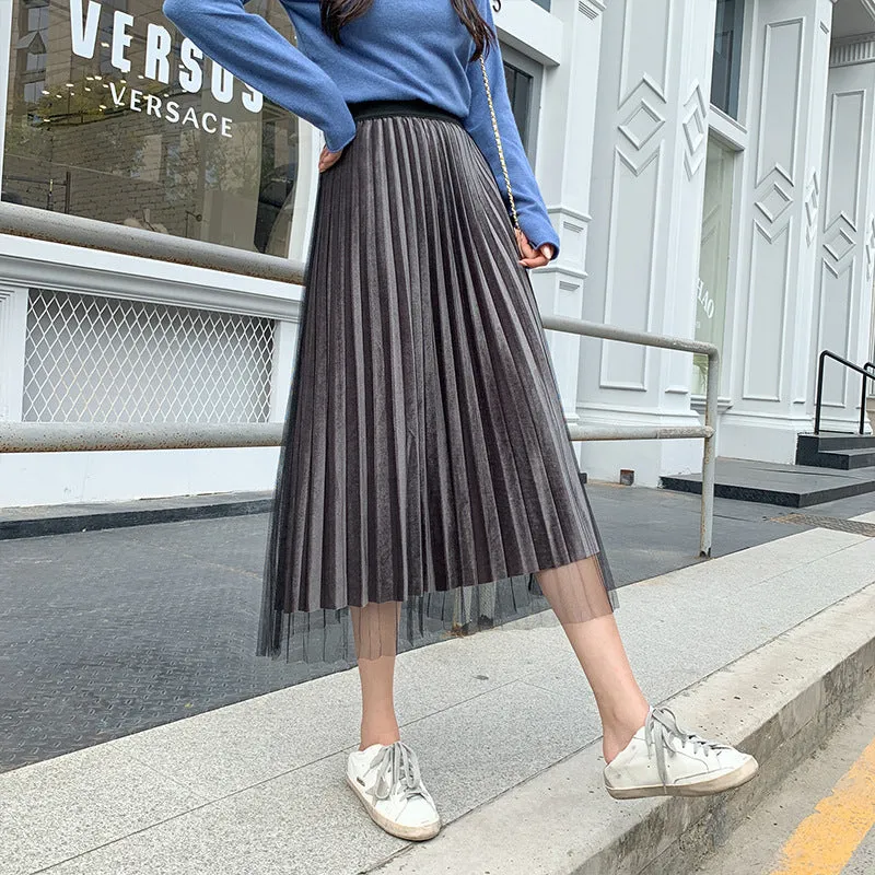 Mesh Gold Skirt Women Plus Size Mid-Length Pleated A-Line Skirt