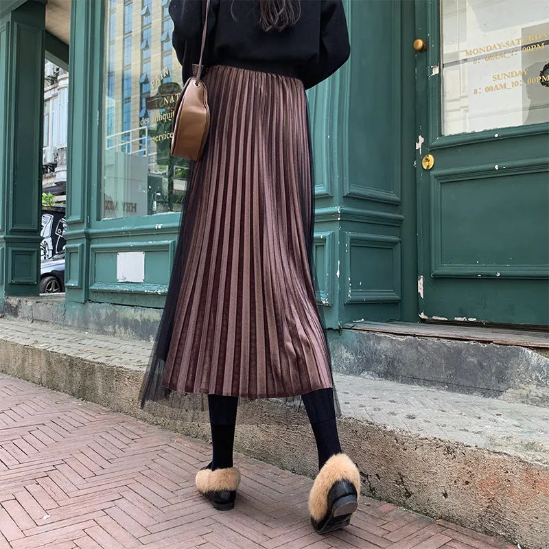 Mesh Gold Skirt Women Plus Size Mid-Length Pleated A-Line Skirt
