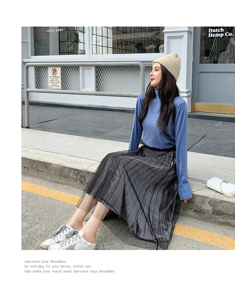 Mesh Gold Skirt Women Plus Size Mid-Length Pleated A-Line Skirt