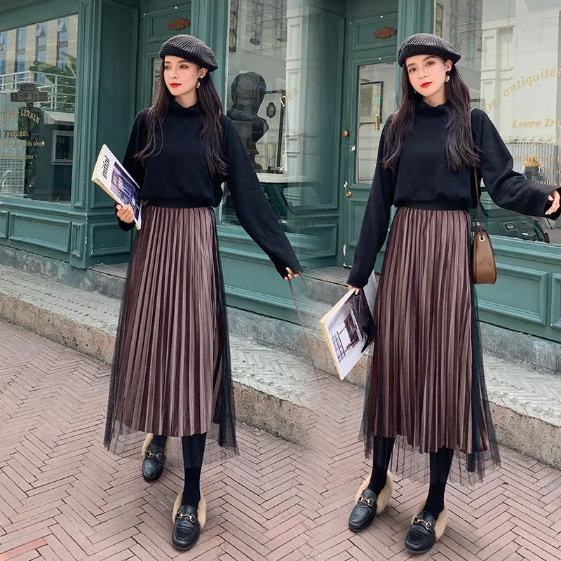 Mesh Gold Skirt Women Plus Size Mid-Length Pleated A-Line Skirt