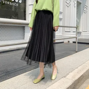 Mesh Gold Skirt Women Plus Size Mid-Length Pleated A-Line Skirt