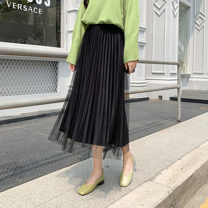 Mesh Gold Skirt Women Plus Size Mid-Length Pleated A-Line Skirt
