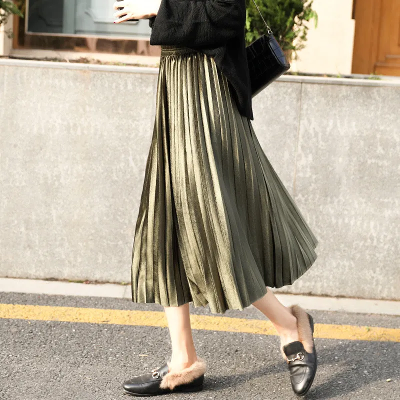 Mesh Gold Skirt Women Plus Size Mid-Length Pleated A-Line Skirt