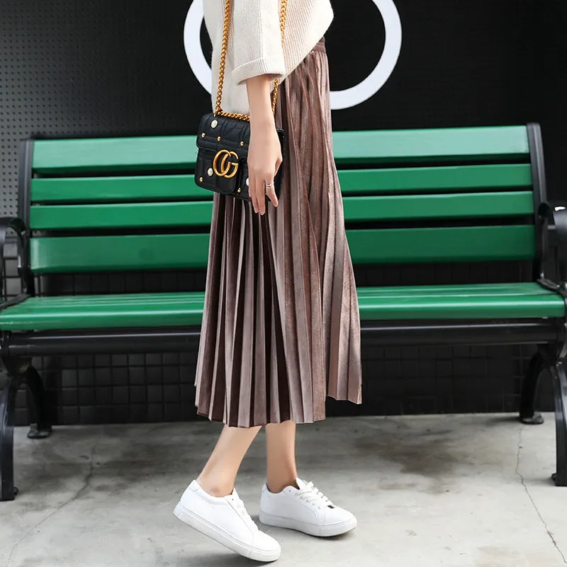 Mesh Gold Skirt Women Plus Size Mid-Length Pleated A-Line Skirt