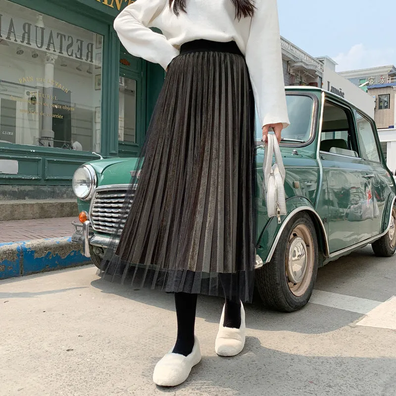 Mesh Gold Skirt Women Plus Size Mid-Length Pleated A-Line Skirt