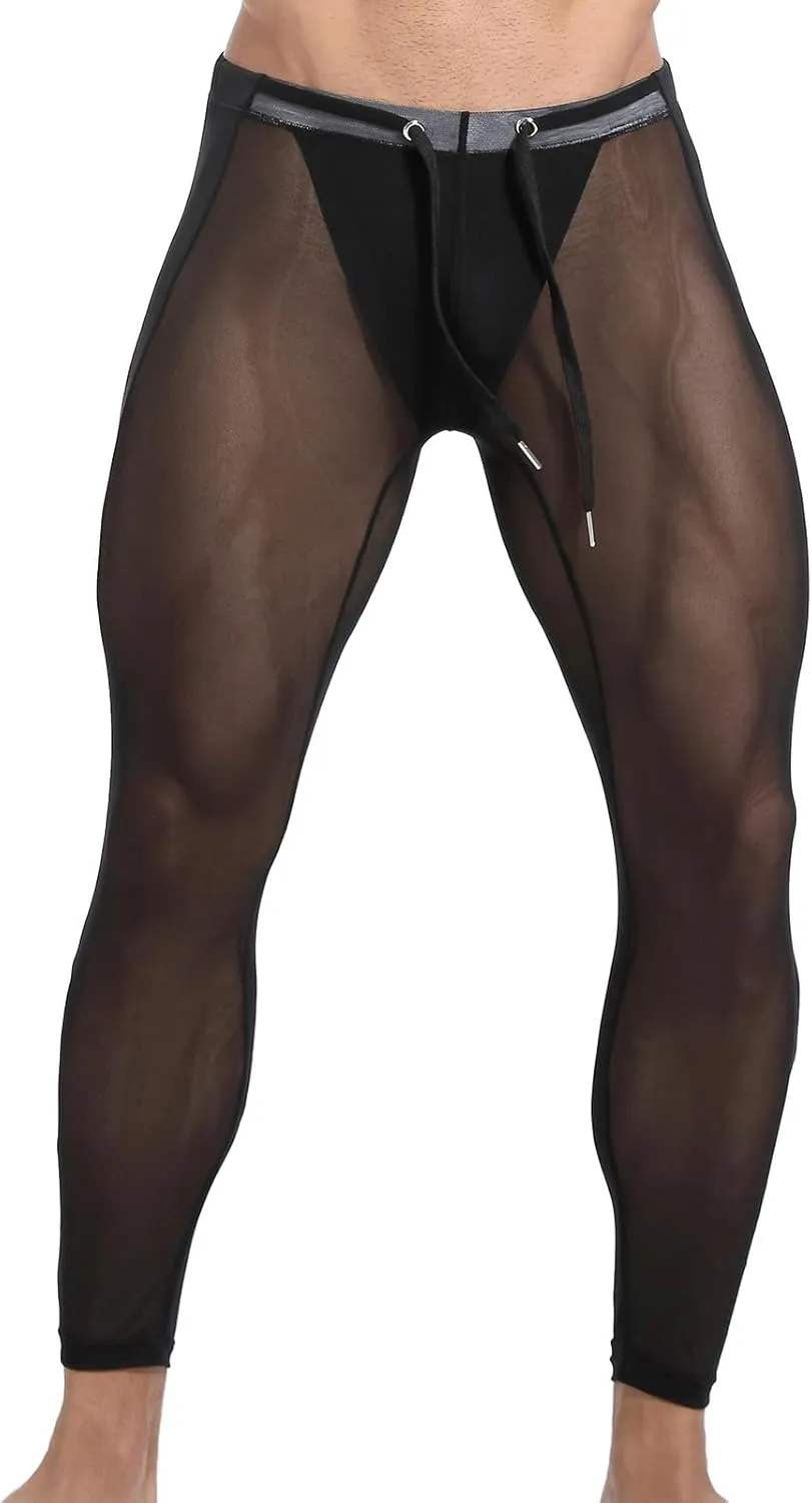 Mesh Yoga Pants for Men See Through Compression Tights Workout Leggings Drawstring Waist Athletic Track Pants