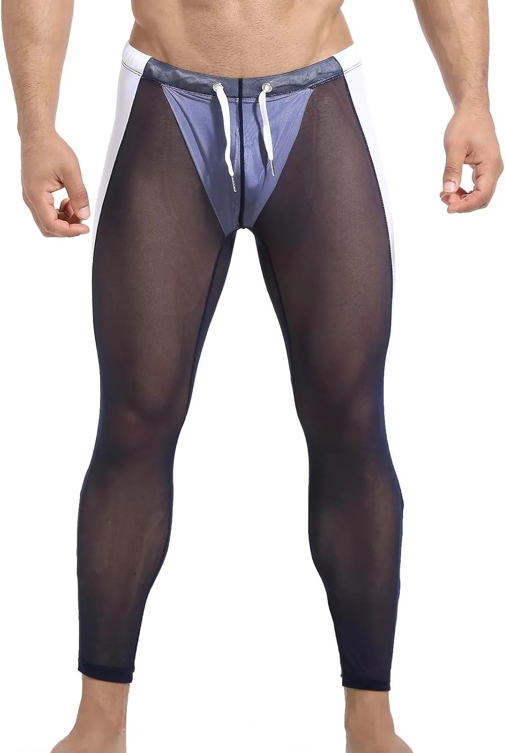 Mesh Yoga Pants for Men See Through Compression Tights Workout Leggings Drawstring Waist Athletic Track Pants
