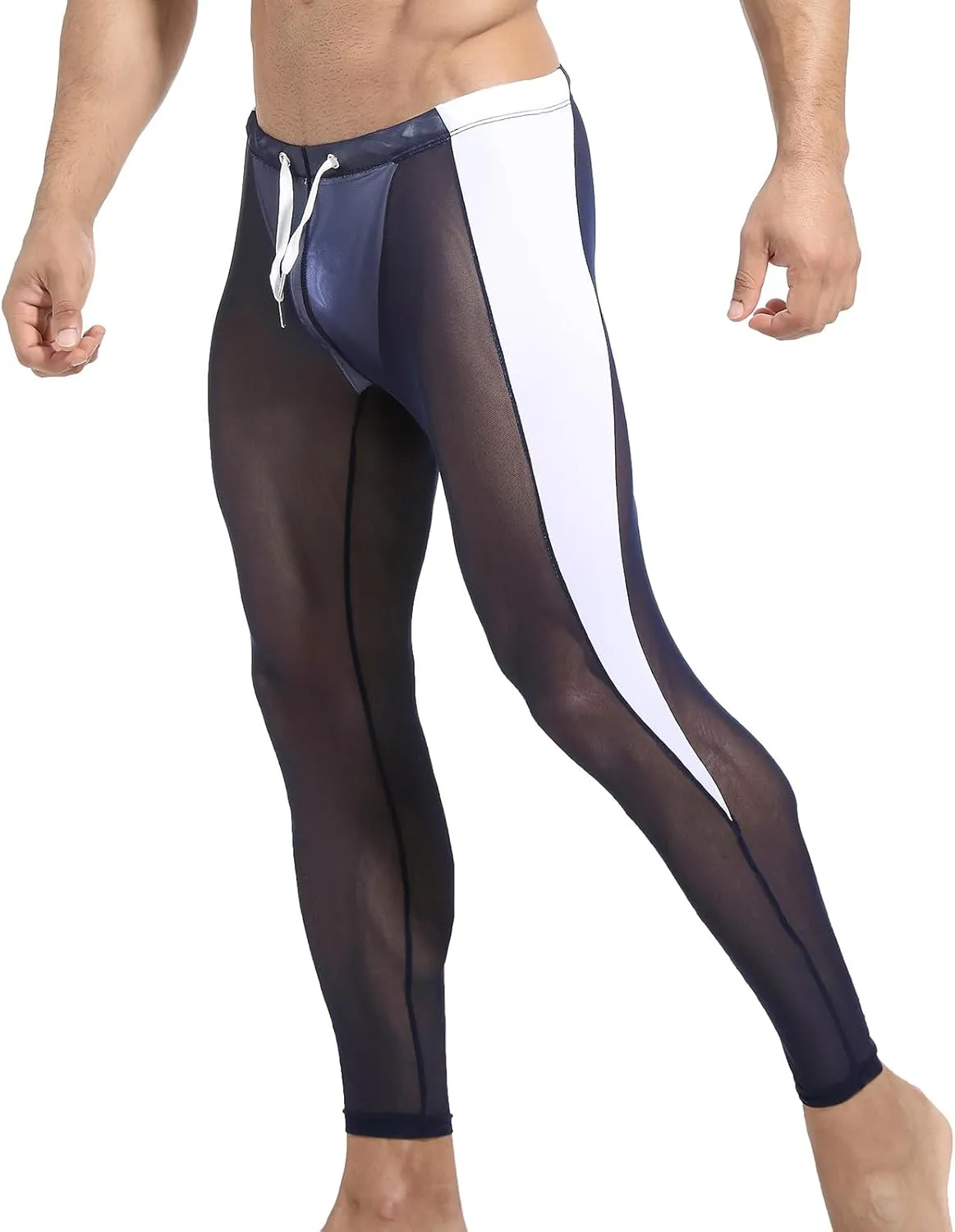 Mesh Yoga Pants for Men See Through Compression Tights Workout Leggings Drawstring Waist Athletic Track Pants