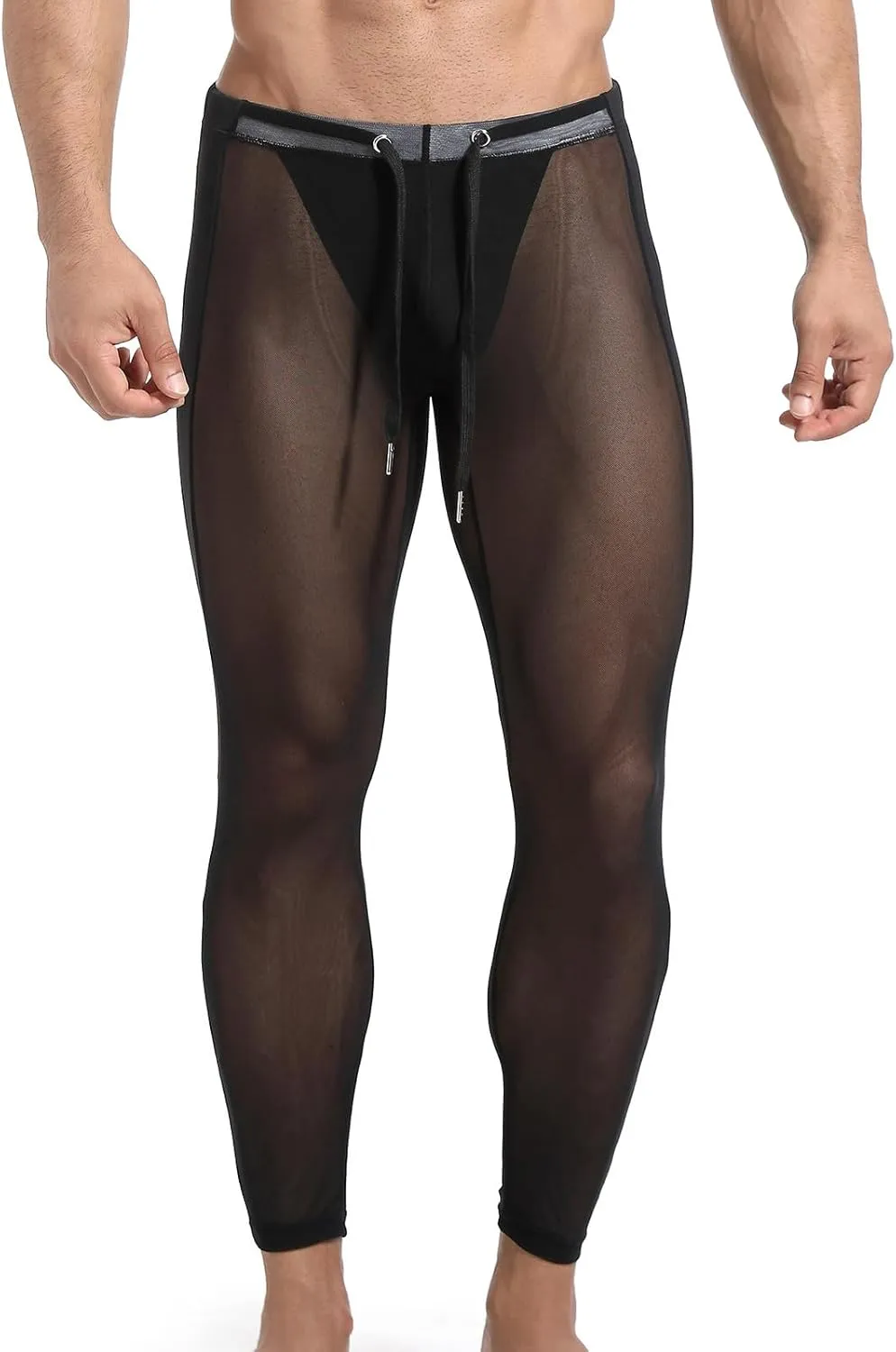 Mesh Yoga Pants for Men See Through Compression Tights Workout Leggings Drawstring Waist Athletic Track Pants