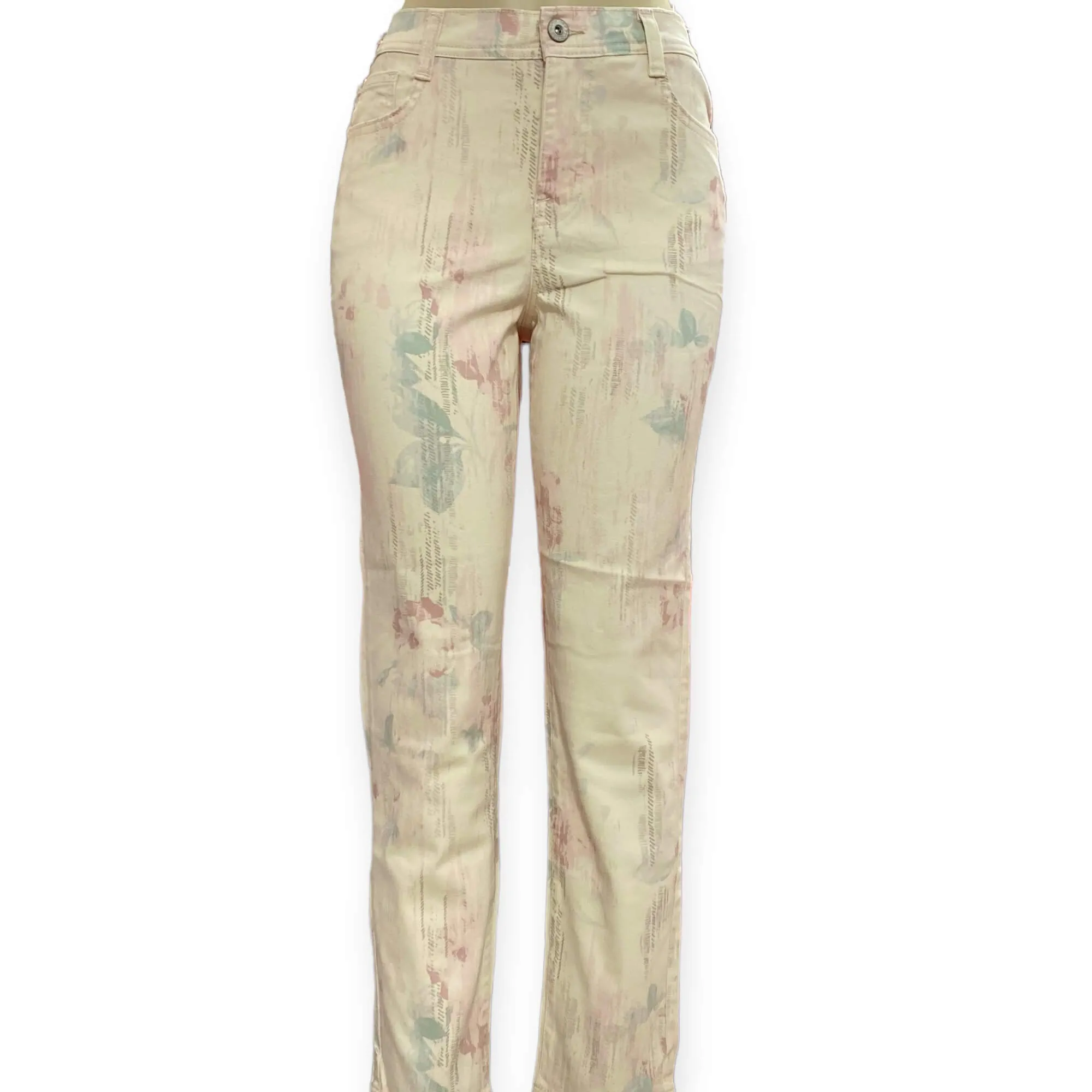Mid Rise Floral Straight Leg Jeans