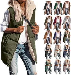 Mmoneyake Womens 2023 Fall Reversible Vests/Coats Loose Fleece Long Hooded Jackets Zip Up Hoodie Pockets Long Coat Outerwear