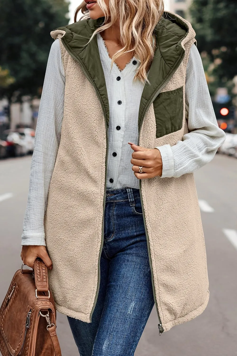 Mmoneyake Womens 2023 Fall Reversible Vests/Coats Loose Fleece Long Hooded Jackets Zip Up Hoodie Pockets Long Coat Outerwear