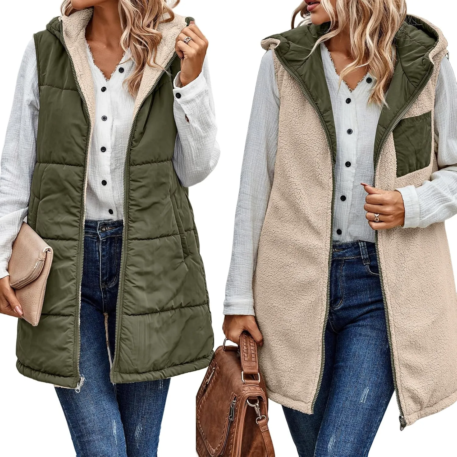 Mmoneyake Womens 2023 Fall Reversible Vests/Coats Loose Fleece Long Hooded Jackets Zip Up Hoodie Pockets Long Coat Outerwear