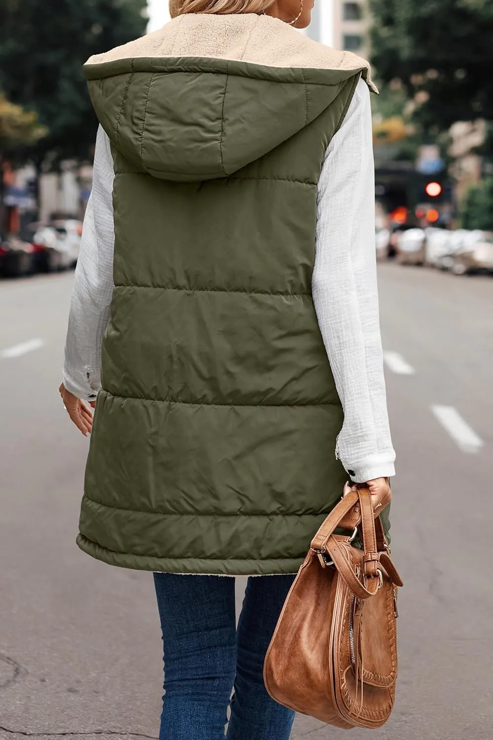 Mmoneyake Womens 2023 Fall Reversible Vests/Coats Loose Fleece Long Hooded Jackets Zip Up Hoodie Pockets Long Coat Outerwear