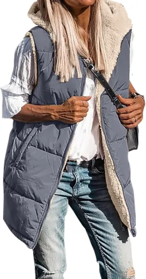 Mmoneyake Womens 2023 Fall Reversible Vests/Coats Loose Fleece Long Hooded Jackets Zip Up Hoodie Pockets Long Coat Outerwear