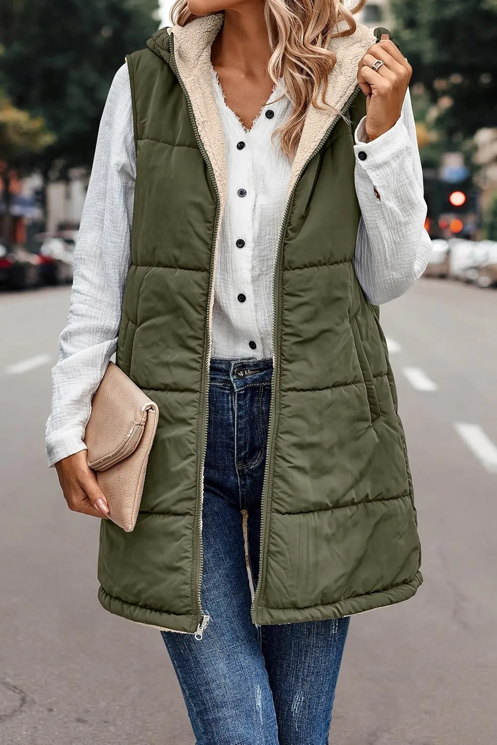 Mmoneyake Womens 2023 Fall Reversible Vests/Coats Loose Fleece Long Hooded Jackets Zip Up Hoodie Pockets Long Coat Outerwear