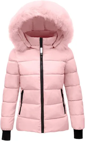 Mmoneyake Women's Winter Windproof Warm Down Coats Thicken Hooded Fashions Puffer Jacket Short Coat Parka with Faux Fur Hood