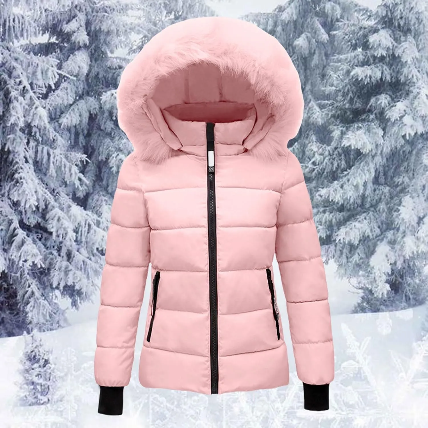 Mmoneyake Women's Winter Windproof Warm Down Coats Thicken Hooded Fashions Puffer Jacket Short Coat Parka with Faux Fur Hood