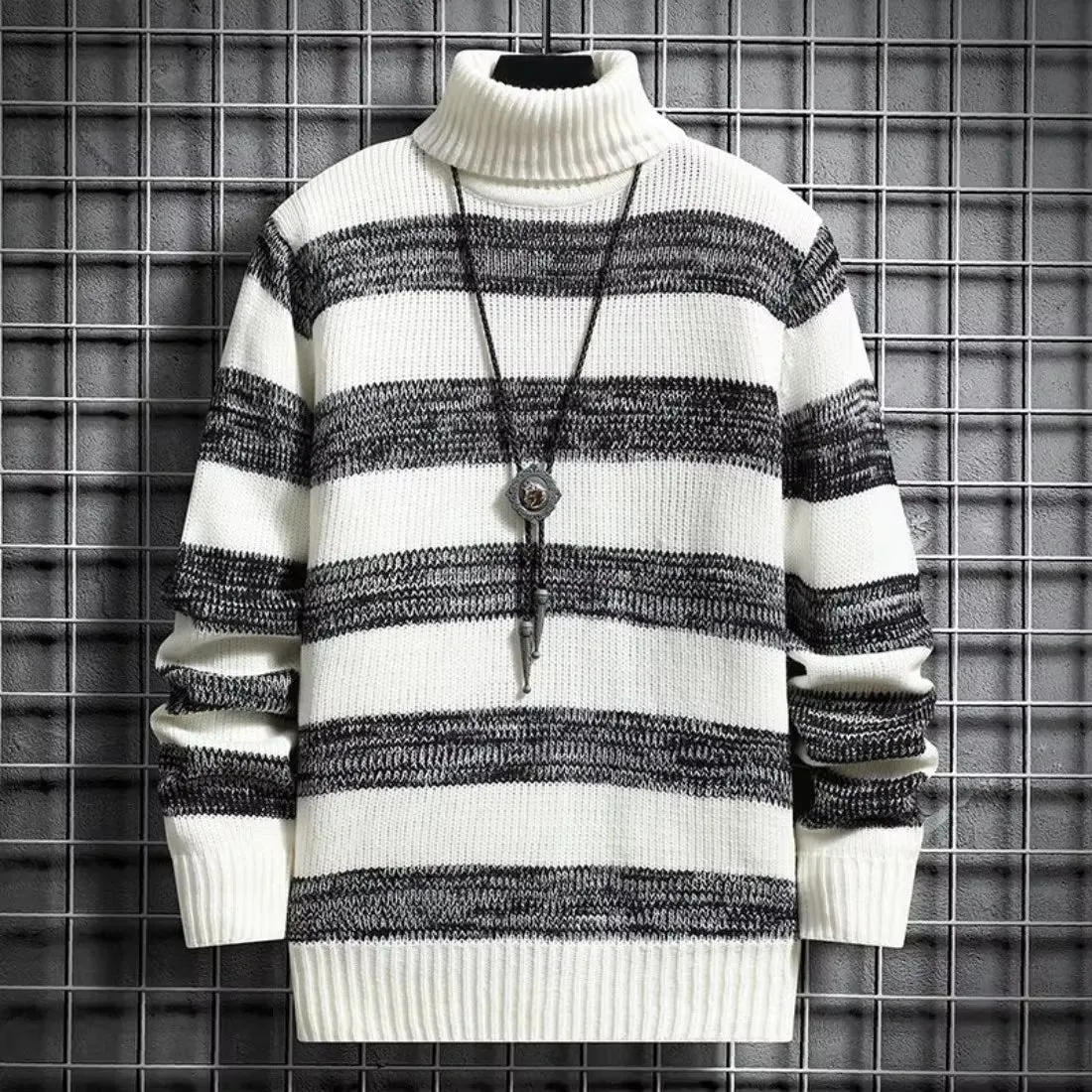 Modern Fashion Pullover Man High Collar Striped Knitwear New in Knitted Sweaters