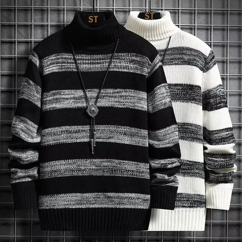 Modern Fashion Pullover Man High Collar Striped Knitwear New in Knitted Sweaters